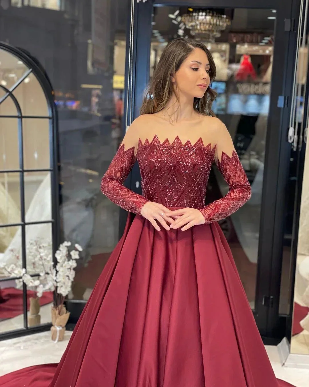 Charming Floor Length Strapless Long Sleeves A-Line Satin Wedding Dress with Ruffles - Image 5