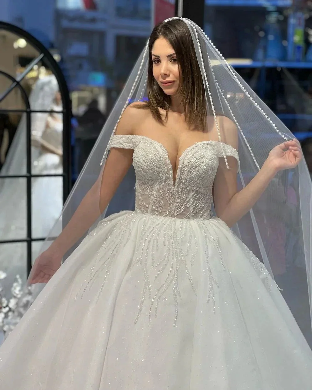 Charming Floor Length Sweetheart Off-The-Shoulder A-Line Lace Wedding Dress with Sequins - Image 2