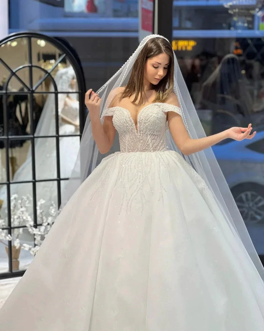 Charming Floor Length Sweetheart Off-The-Shoulder A-Line Lace Wedding Dress with Sequins - Image 3