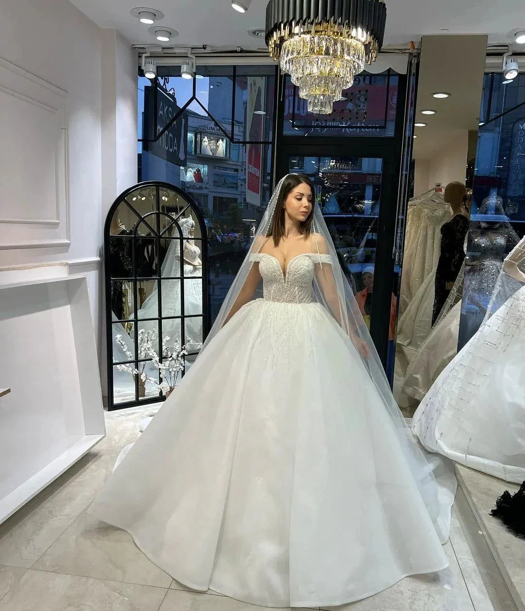 Charming Floor Length Sweetheart Off-The-Shoulder A-Line Lace Wedding Dress with Sequins - Image 5