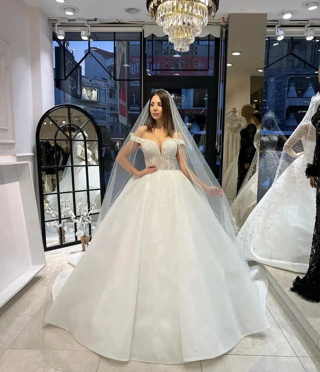 Charming Floor Length Sweetheart Off-The-Shoulder A-Line Lace Wedding Dress with Sequins - Image 6