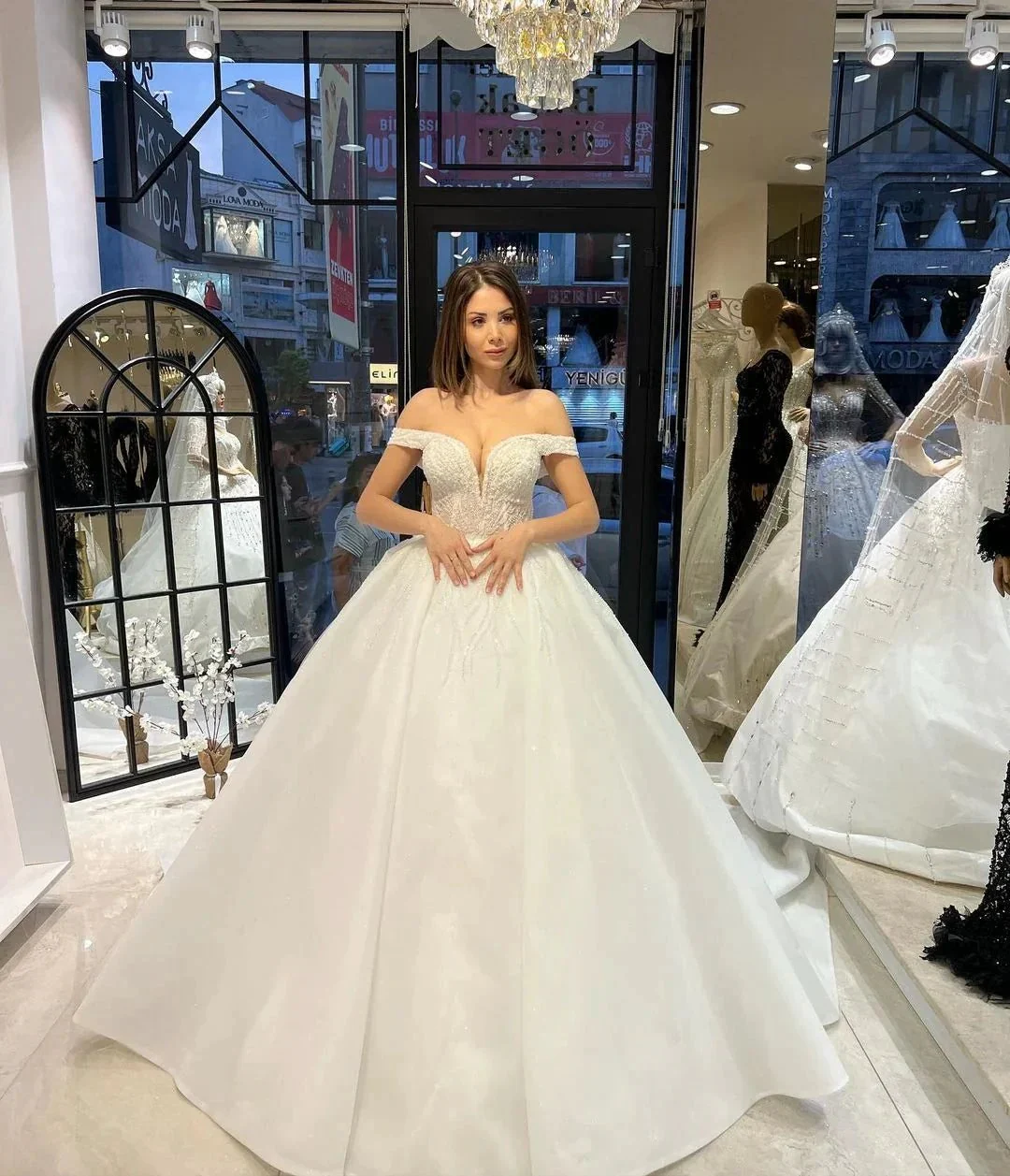 Charming Floor Length Sweetheart Off-The-Shoulder A-Line Lace Wedding Dress with Sequins - Image 7