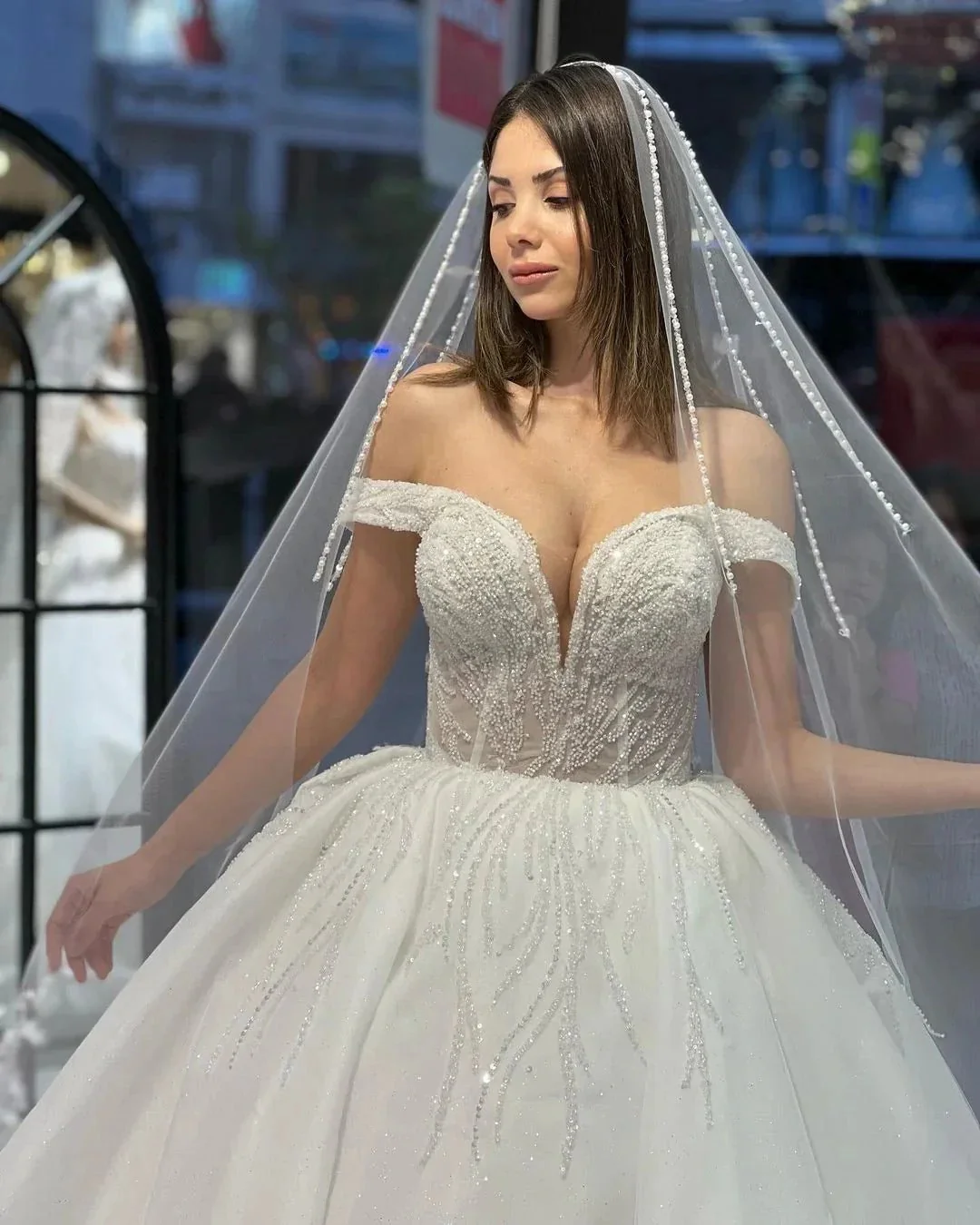 Charming Floor Length Sweetheart Off-The-Shoulder A-Line Lace Wedding Dress with Sequins - Image 8
