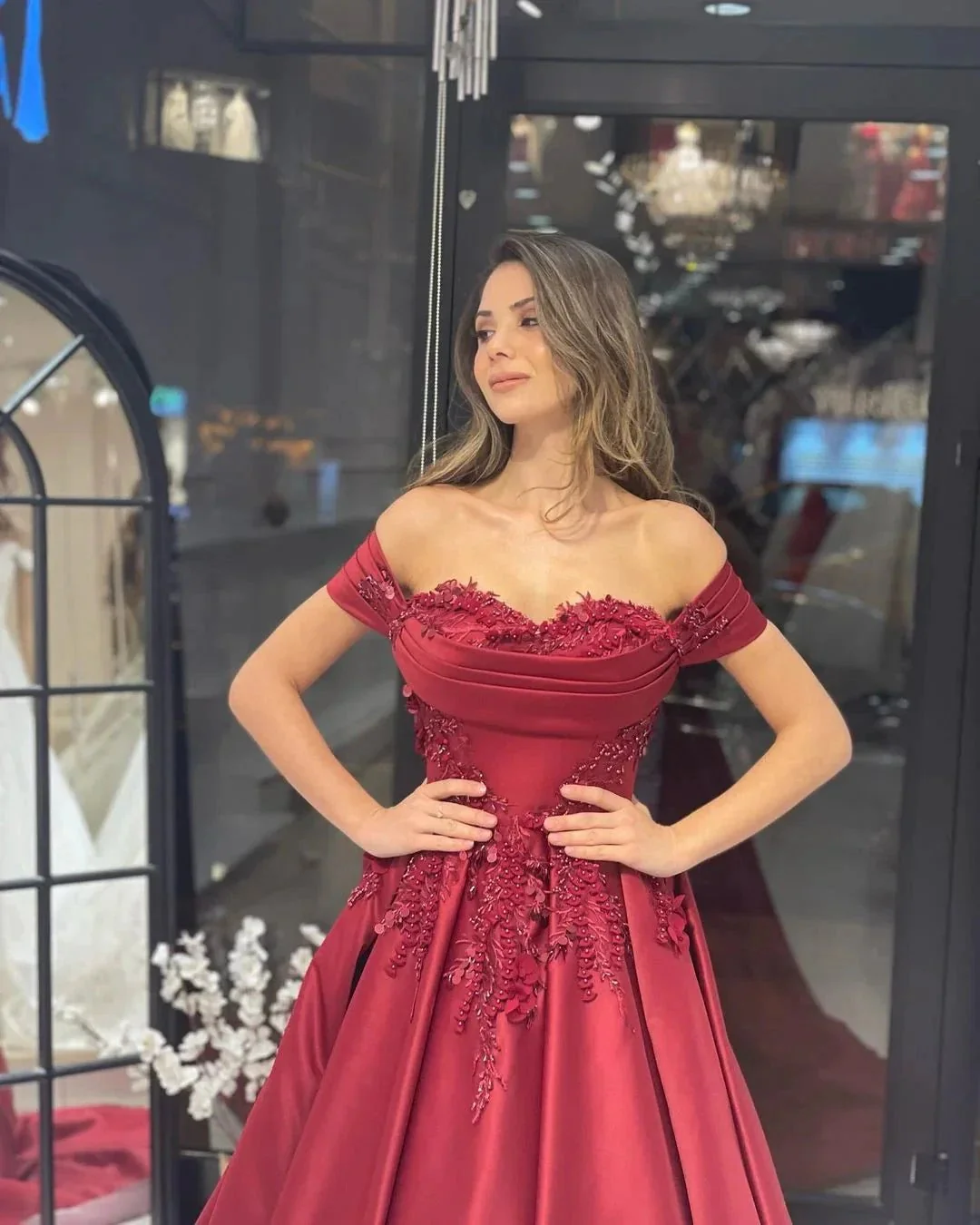 Charming Floor Length Sweetheart Off-The-Shoulder A-Line Satin Wedding Dress with Appliques - Image 2