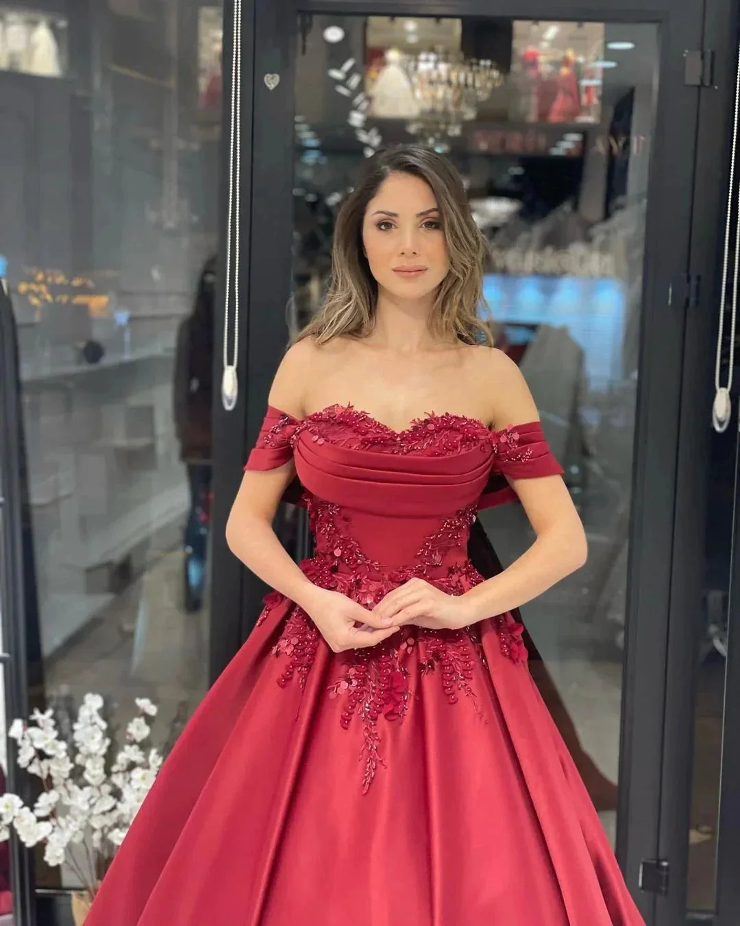 Charming Floor Length Sweetheart Off-The-Shoulder A-Line Satin Wedding Dress with Appliques - Image 6