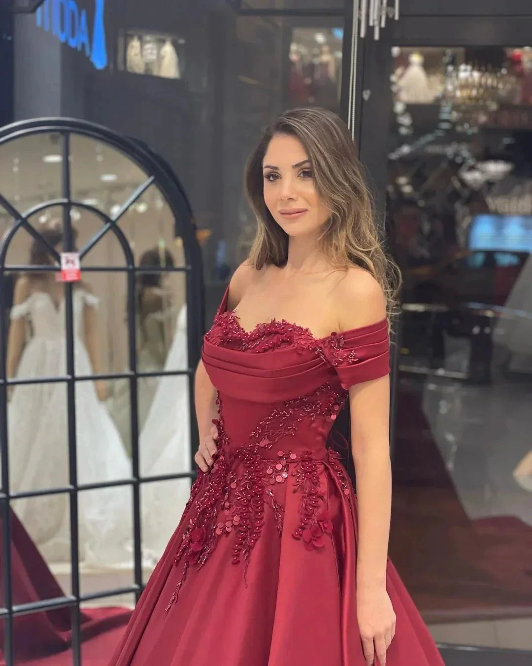 Charming Floor Length Sweetheart Off-The-Shoulder A-Line Satin Wedding Dress with Appliques - Image 8