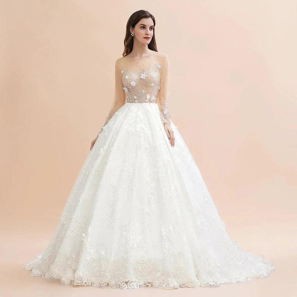 Charming Floral Lace Appliques Wedding Dress Gorgeous White Beads Bridal Gown - Image 2