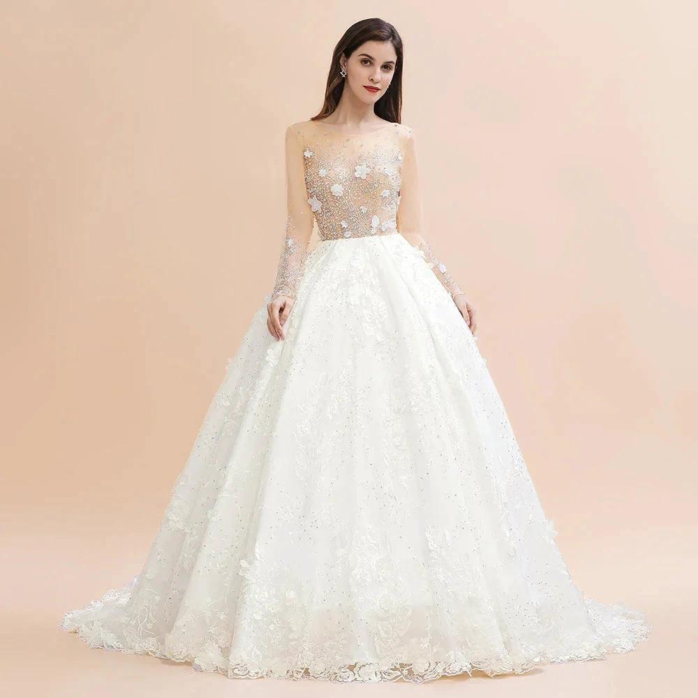 Charming Floral Lace Appliques Wedding Dress Gorgeous White Beads Bridal Gown - Image 3