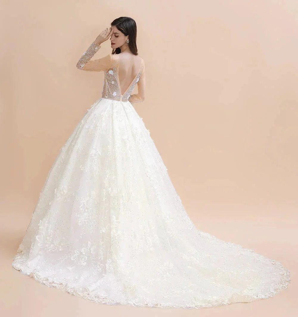 Charming Floral Lace Appliques Wedding Dress Gorgeous White Beads Bridal Gown - Image 6