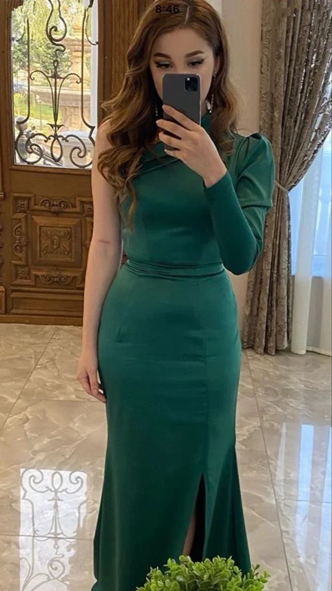 Charming Green One Sleeve Mermaid Prom Dress Green Evening Gown Y5520 - Image 2