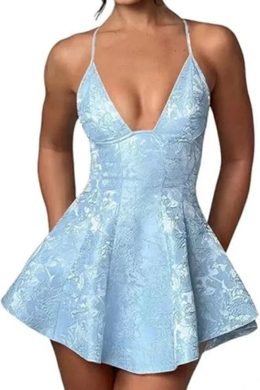 Charming Halter Satin Mini Homecoming Dress Ruffle Floral Jacquard Short Party Dress for Girls - Image 2