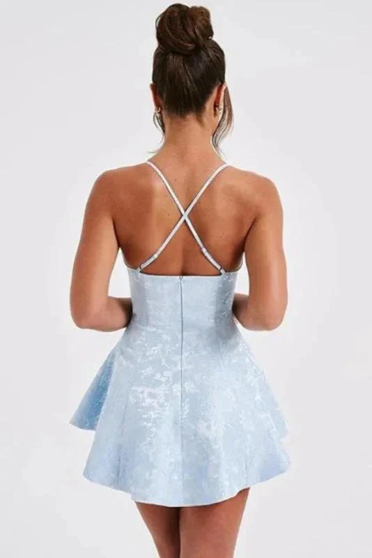 Charming Halter Satin Mini Homecoming Dress Ruffle Floral Jacquard Short Party Dress for Girls - Image 3
