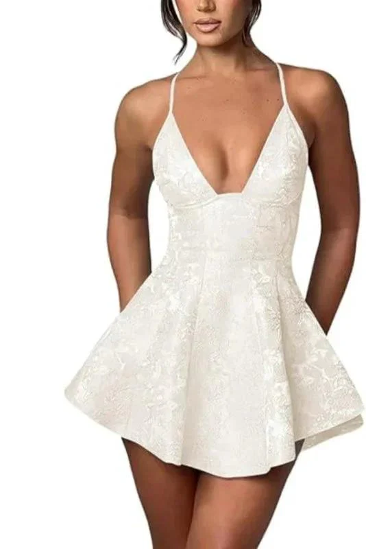 Charming Halter Satin Mini Homecoming Dress Ruffle Floral Jacquard Short Party Dress for Girls - Image 6