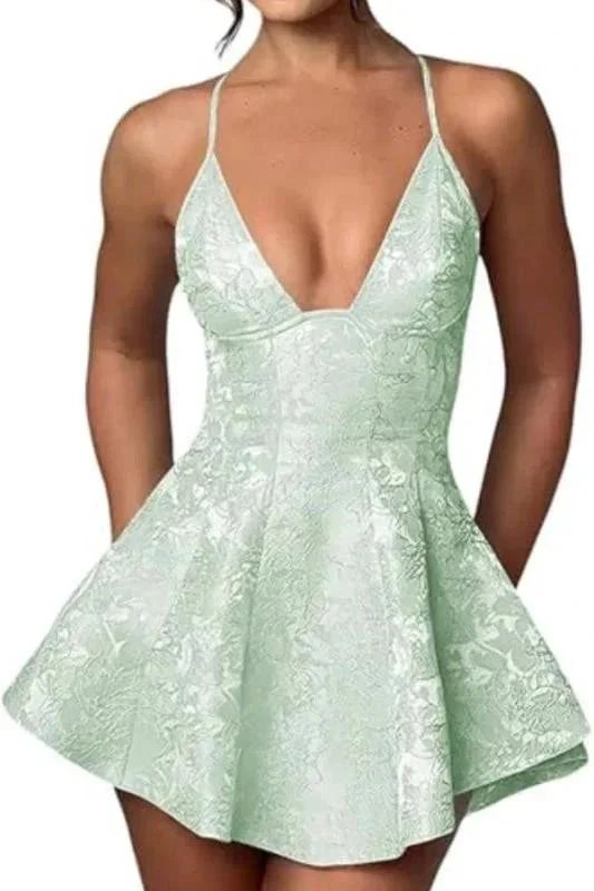 Charming Halter Satin Mini Homecoming Dress Ruffle Floral Jacquard Short Party Dress for Girls - Image 8
