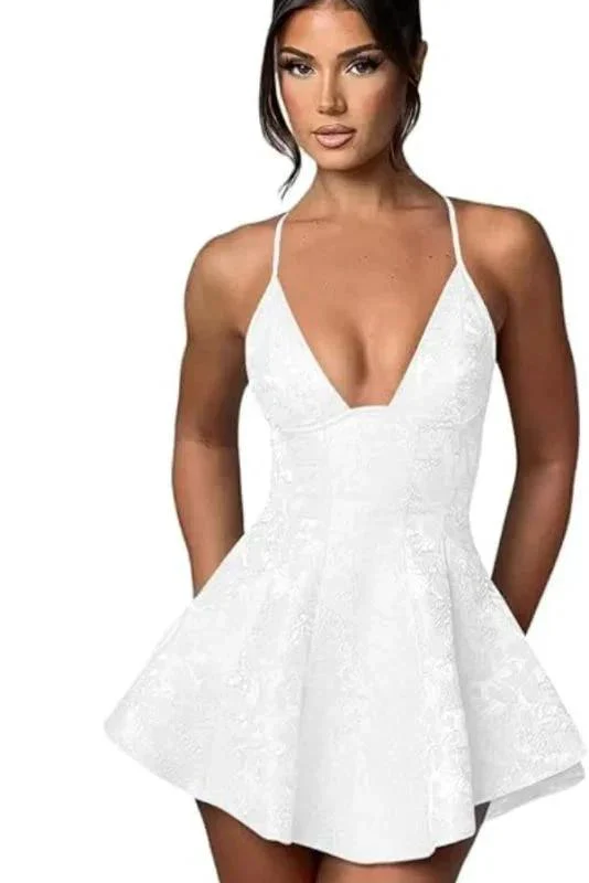 Charming Halter Satin Mini Homecoming Dress Ruffle Floral Jacquard Short Party Dress for Girls - Image 9