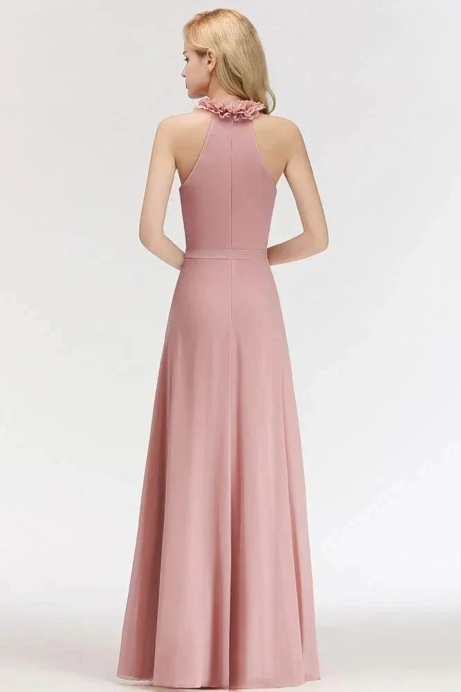 Charming Halter Sleeveless Ruffled Chiffon Bridesmaid Dresses Aline Evening Maxi Gown - Image 2