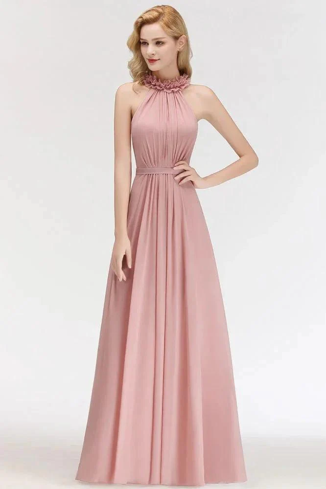Charming Halter Sleeveless Ruffled Chiffon Bridesmaid Dresses Aline Evening Maxi Gown - Image 3
