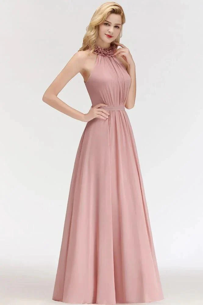 Charming Halter Sleeveless Ruffled Chiffon Bridesmaid Dresses Aline Evening Maxi Gown - Image 4