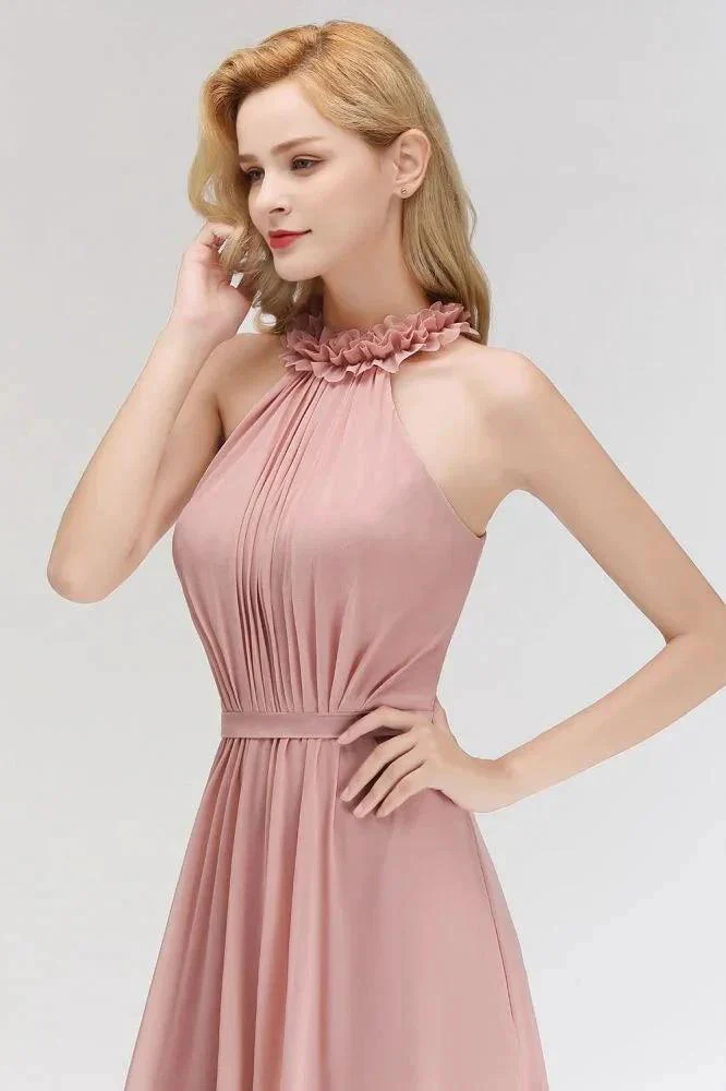 Charming Halter Sleeveless Ruffled Chiffon Bridesmaid Dresses Aline Evening Maxi Gown - Image 6
