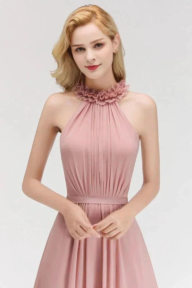 Charming Halter Sleeveless Ruffled Chiffon Bridesmaid Dresses Aline Evening Maxi Gown - Image 7