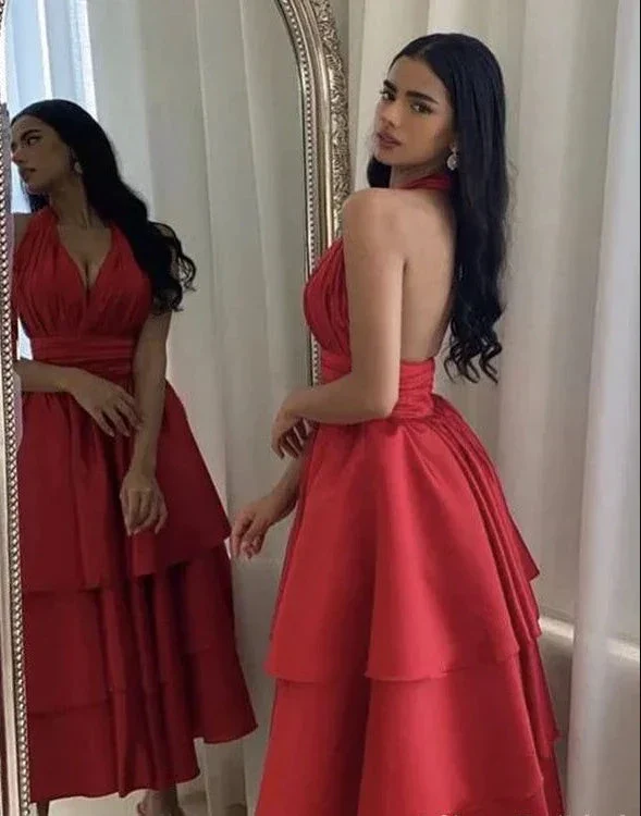 Charming Halter V Neck Evening Gown A Line Tiered Satin Prom Dress Y7660 - Image 2