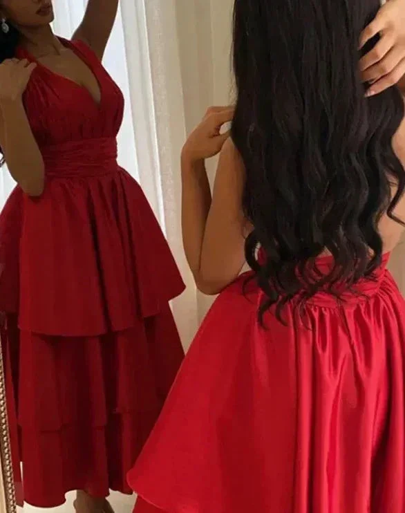 Charming Halter V Neck Evening Gown A Line Tiered Satin Prom Dress Y7660 - Image 3