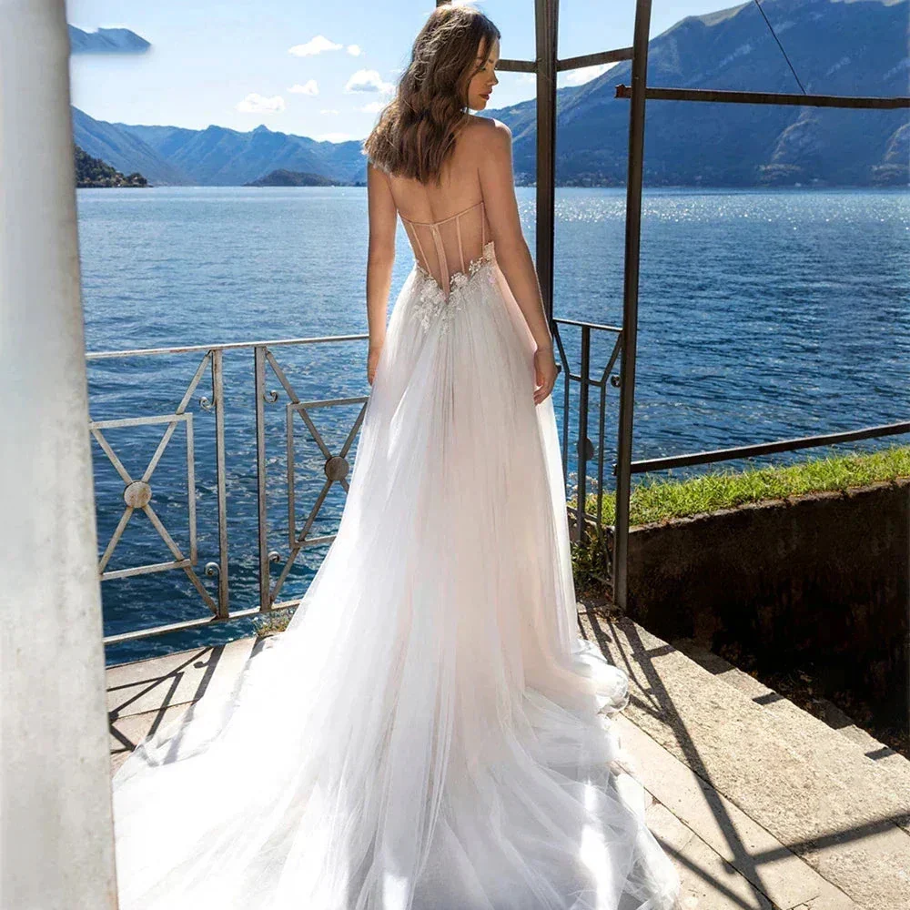 Charming High Fork Bohemian Sleeveless Sweetheart Mopping Wedding Dresses Off Shoulder Appliques Lace Bridal Gowns Boho Backless - Image 2