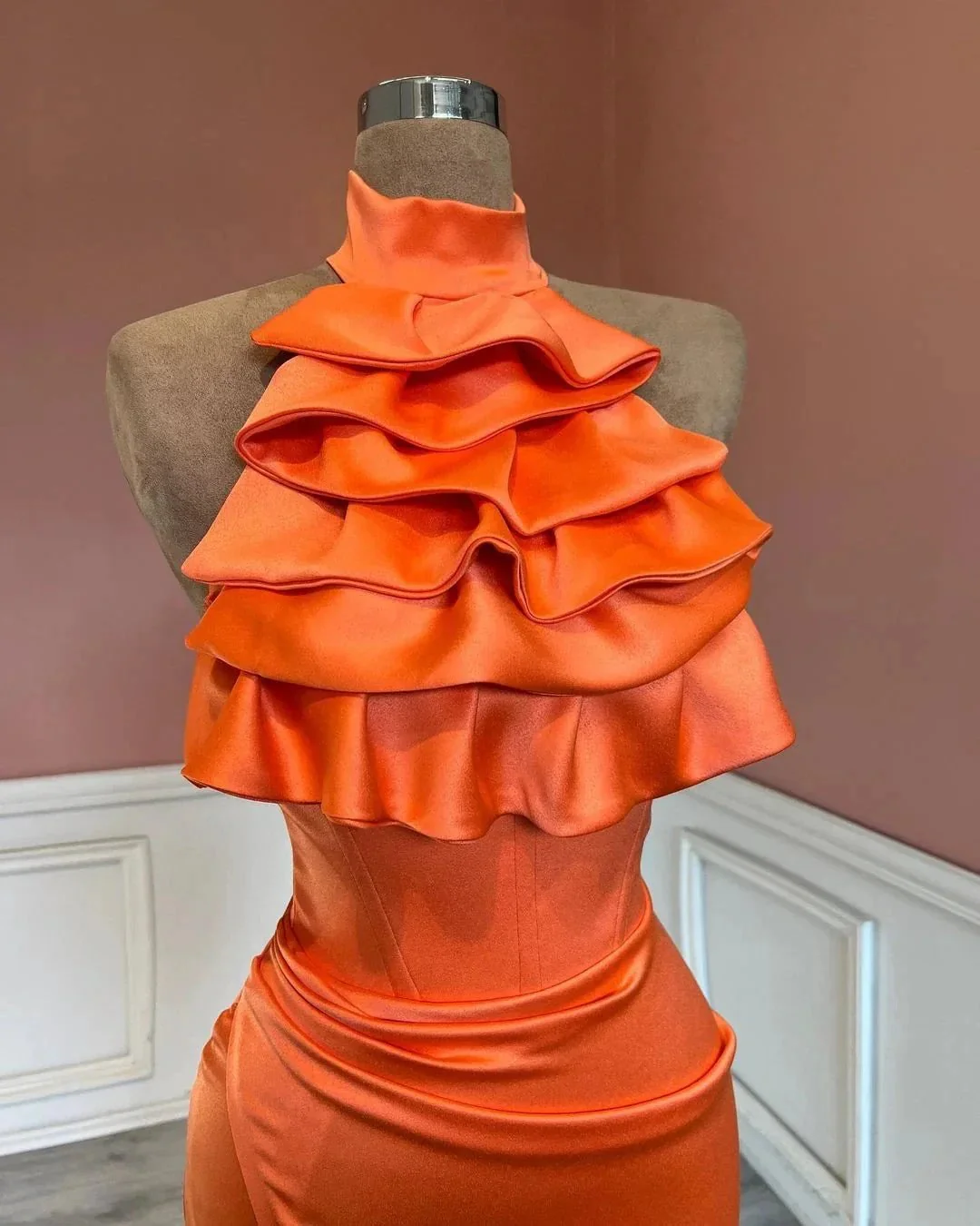 Charming High Neck Mermaid Stain Ruffles Prom Dress with Split - Image 2