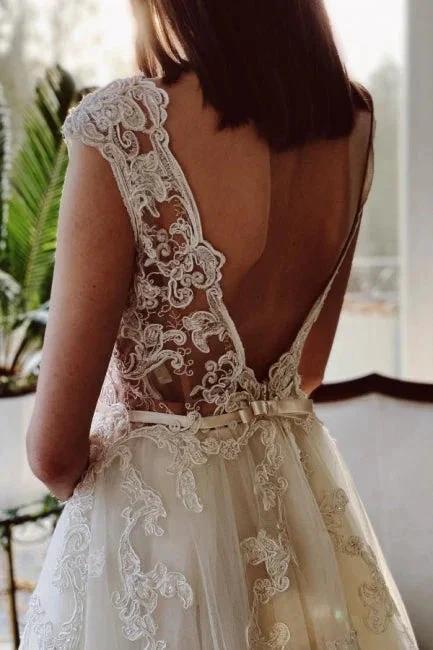 Charming Ivory A-Line Floor Length V-Neck Garden Lace Wedding Dress - Image 2