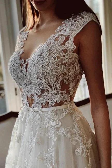 Charming Ivory A-Line Floor Length V-Neck Garden Lace Wedding Dress - Image 3