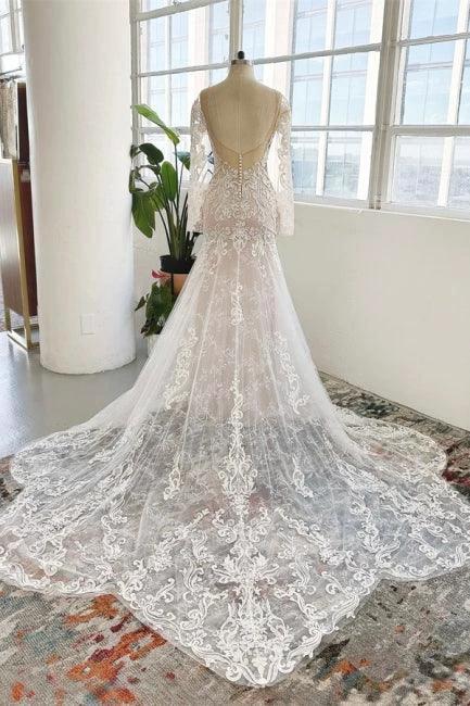 Charming Jewel Long Sleeves Chapel Mermaid Wedding Dress - Image 2