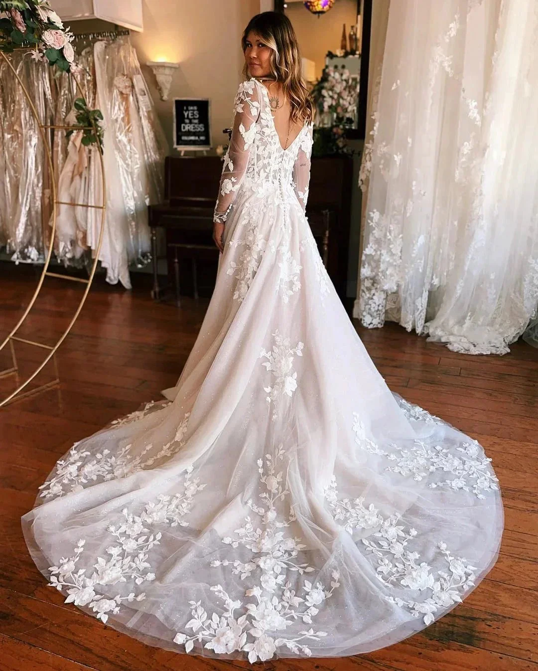 Charming Long A-line Appliques Long Sleeves Wedding Dress With Train - Image 2