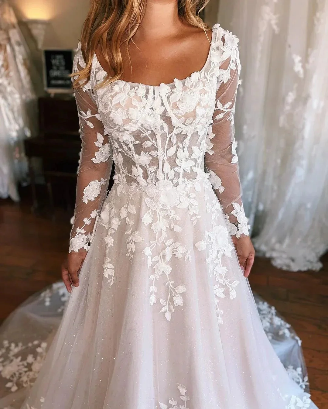 Charming Long A-line Appliques Long Sleeves Wedding Dress With Train - Image 3