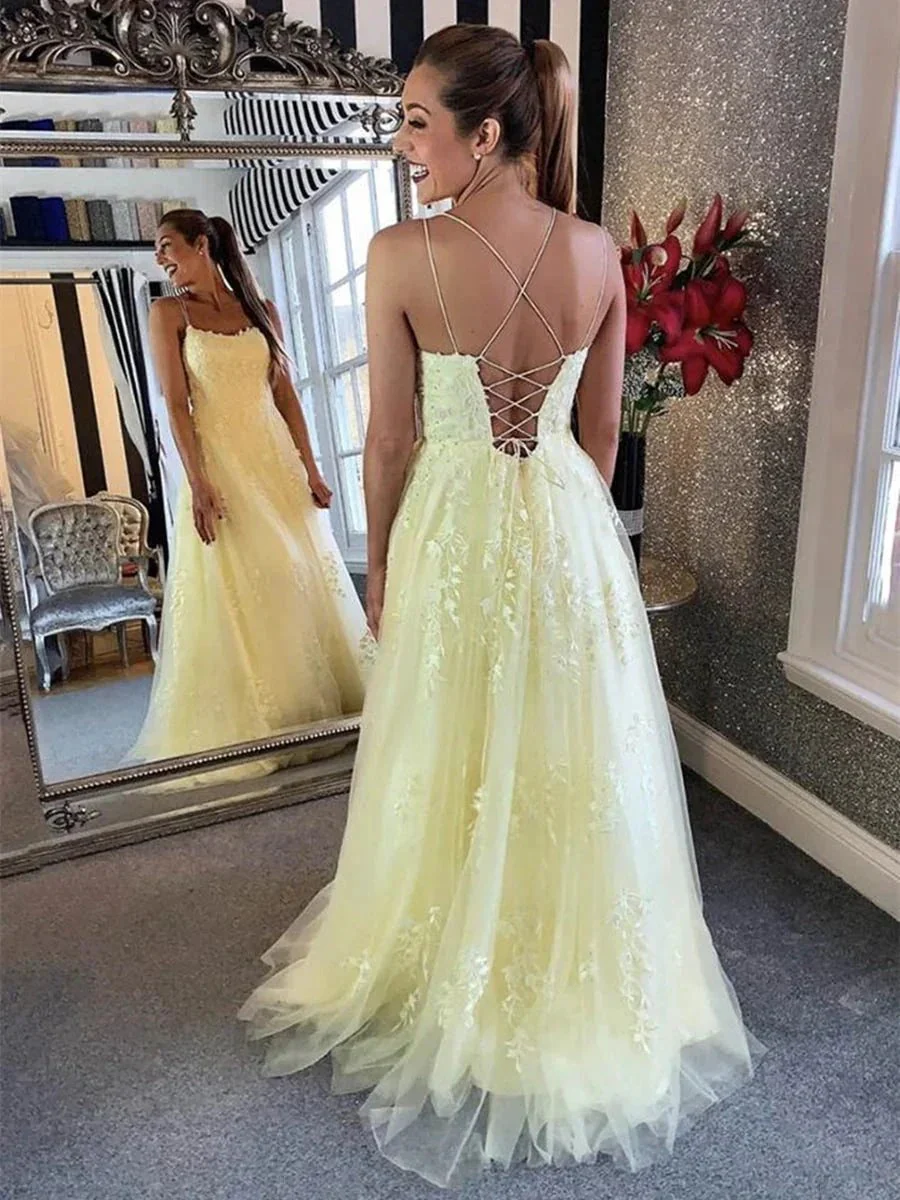 Charming Long A-line Backless Tulle Lace Formal Prom Graduation Dresses - Image 2