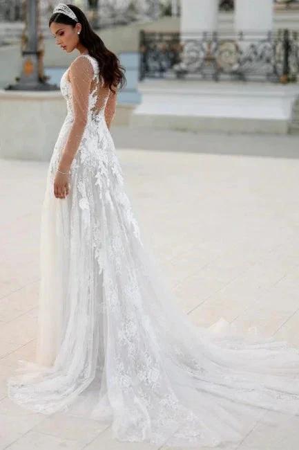Charming Long A-line Lace Appliques Wedding Dresses with Long Sleeves - Image 2