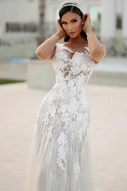 Charming Long A-line Lace Appliques Wedding Dresses with Long Sleeves - Image 3
