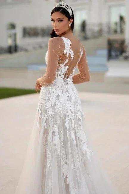 Charming Long A-line Lace Appliques Wedding Dresses with Long Sleeves - Image 4