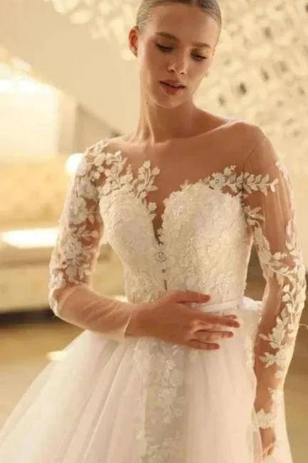 Charming Long A-line Lace Long Sleeves Tulle Wedding Dress - Image 2