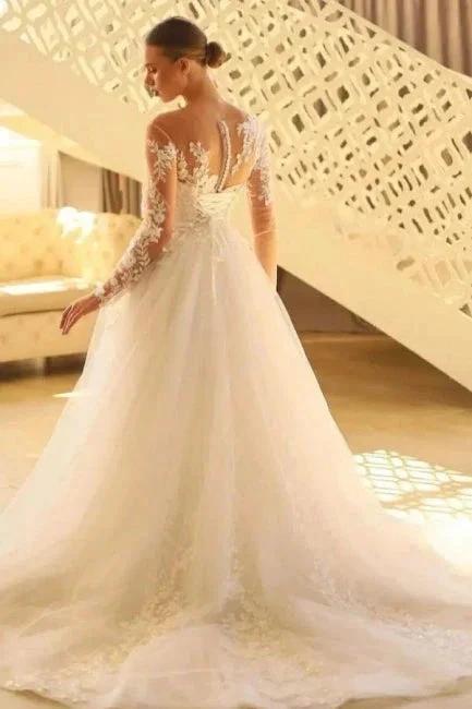 Charming Long A-line Lace Long Sleeves Tulle Wedding Dress - Image 3