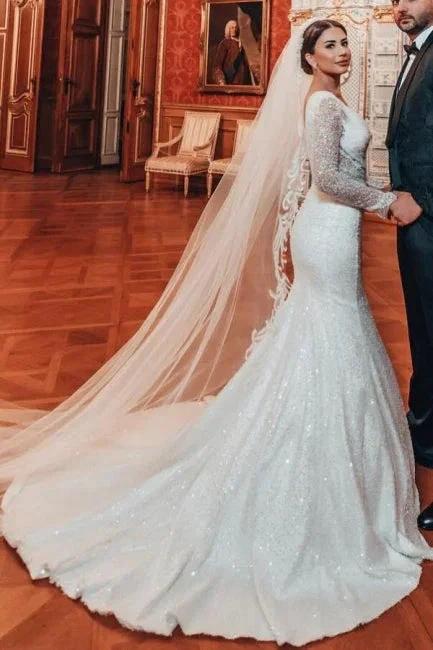 Charming Long A-line Lace Sequined Beading Long Sleeves Wedding Dresses With Detachable Train - Image 2