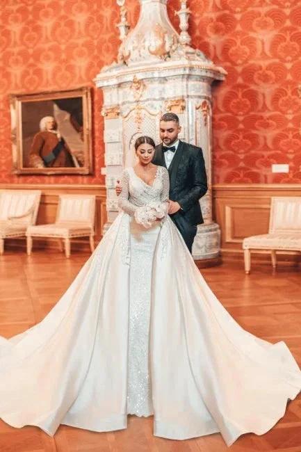 Charming Long A-line Lace Sequined Beading Long Sleeves Wedding Dresses With Detachable Train - Image 3