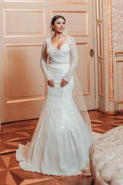 Charming Long A-line Lace Sequined Beading Long Sleeves Wedding Dresses With Detachable Train - Image 5