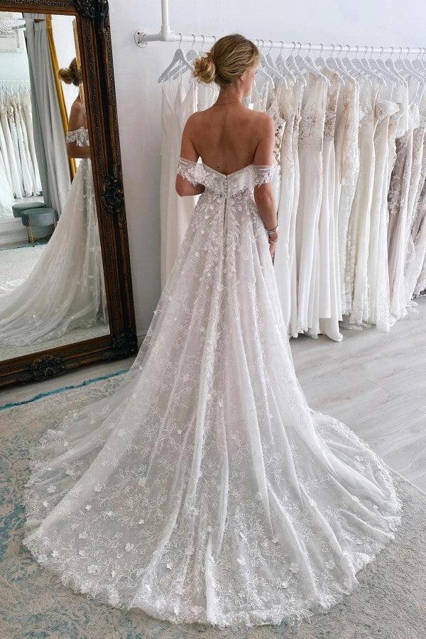 Charming Long A-line Off-The-Shoulder Sleeveless Lace Wedding Dress with Court Train - Image 2