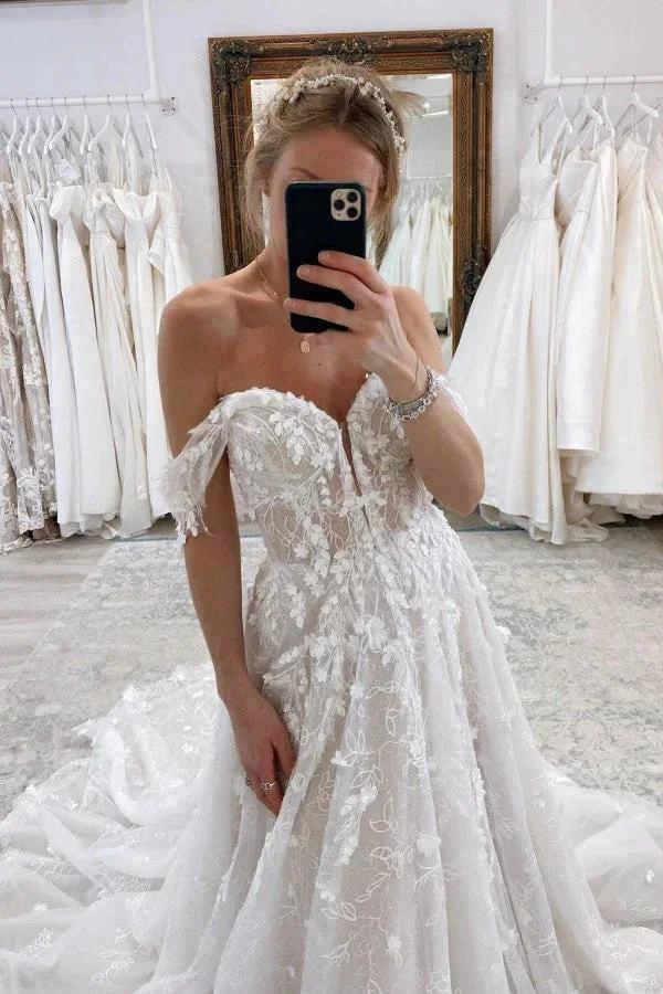 Charming Long A-line Off-The-Shoulder Sleeveless Lace Wedding Dress with Court Train - Image 3