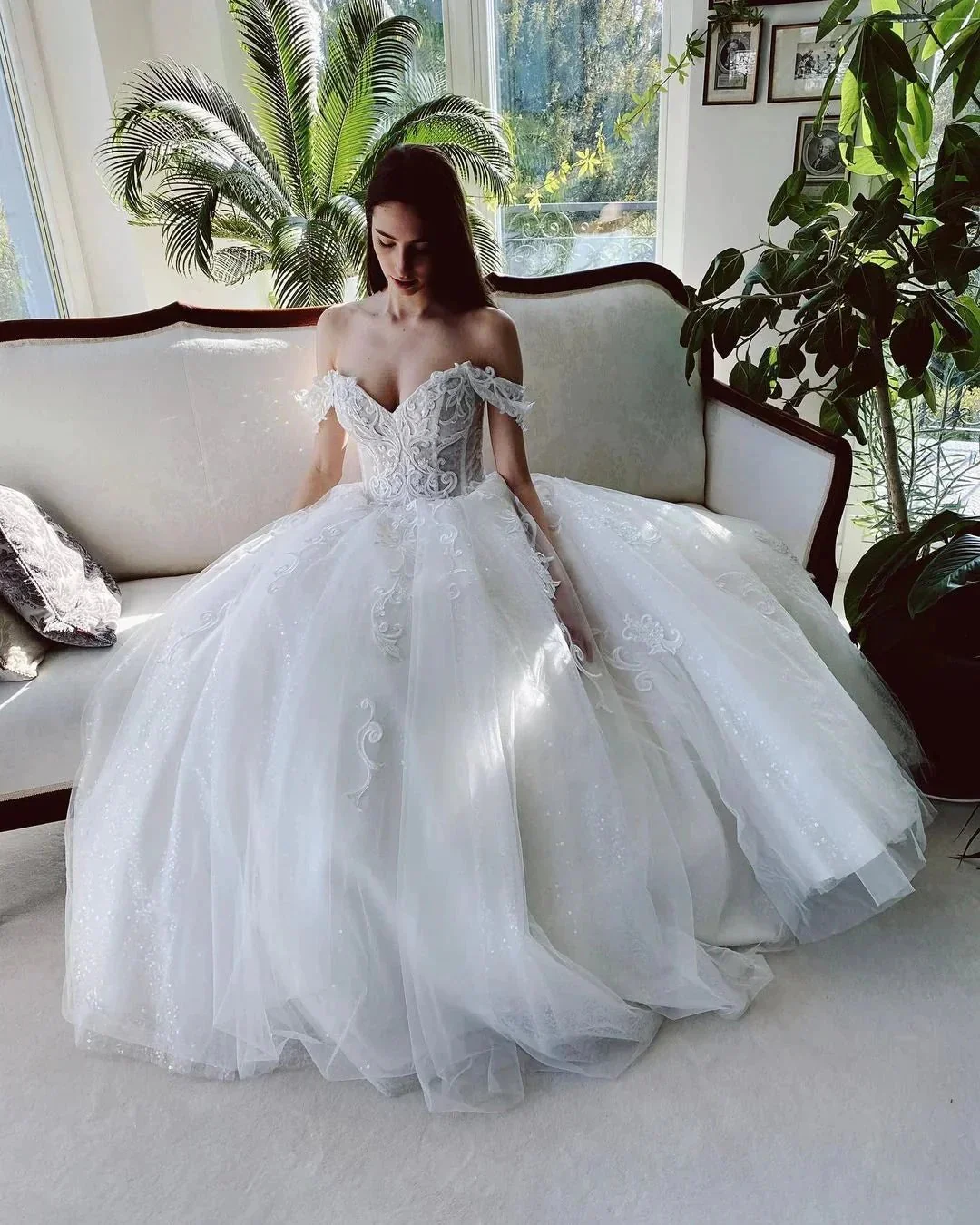 Charming Long A-line Off-the-shoulder Tulle Wedding Dress with Glitter - Image 2