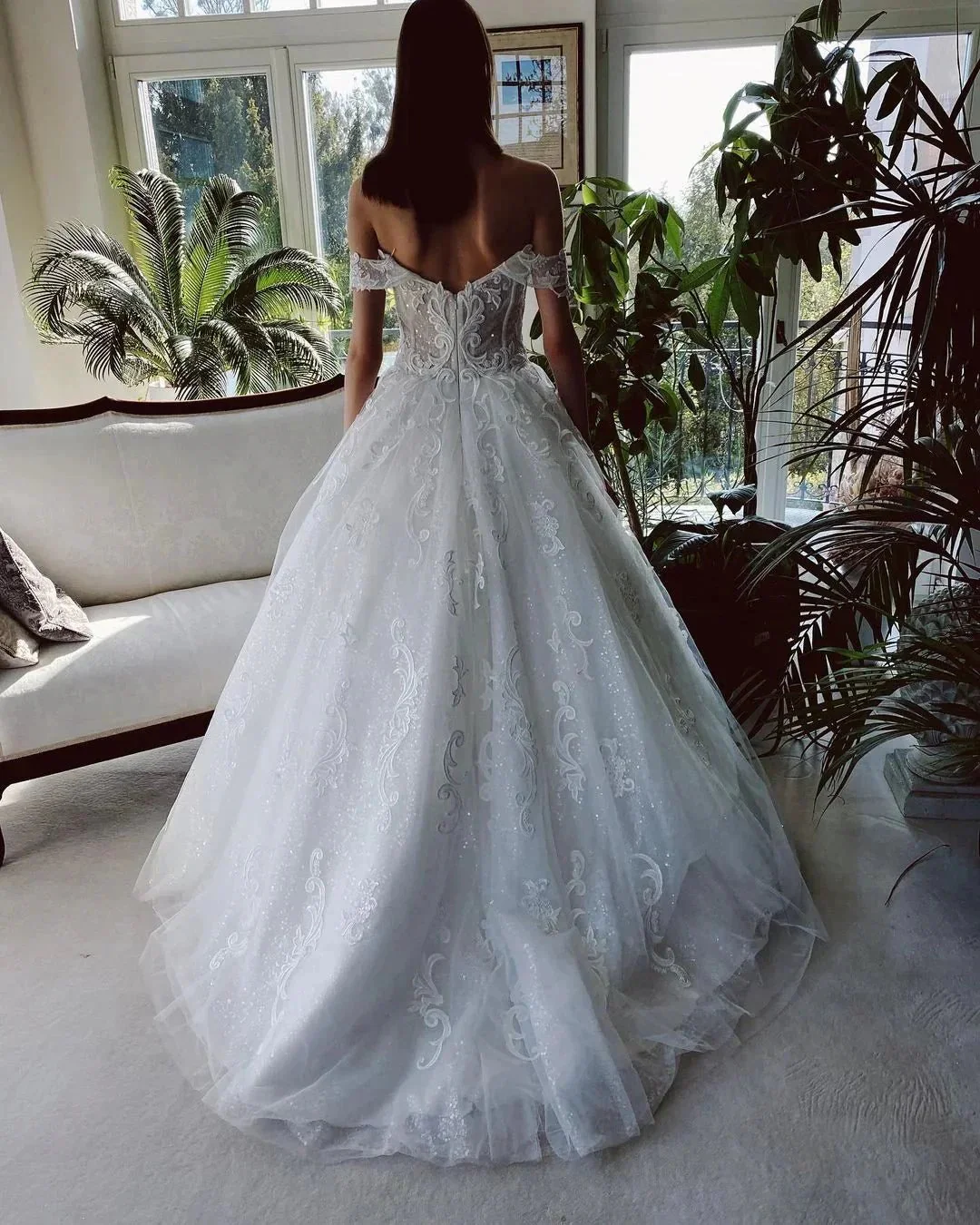 Charming Long A-line Off-the-shoulder Tulle Wedding Dress with Glitter - Image 3