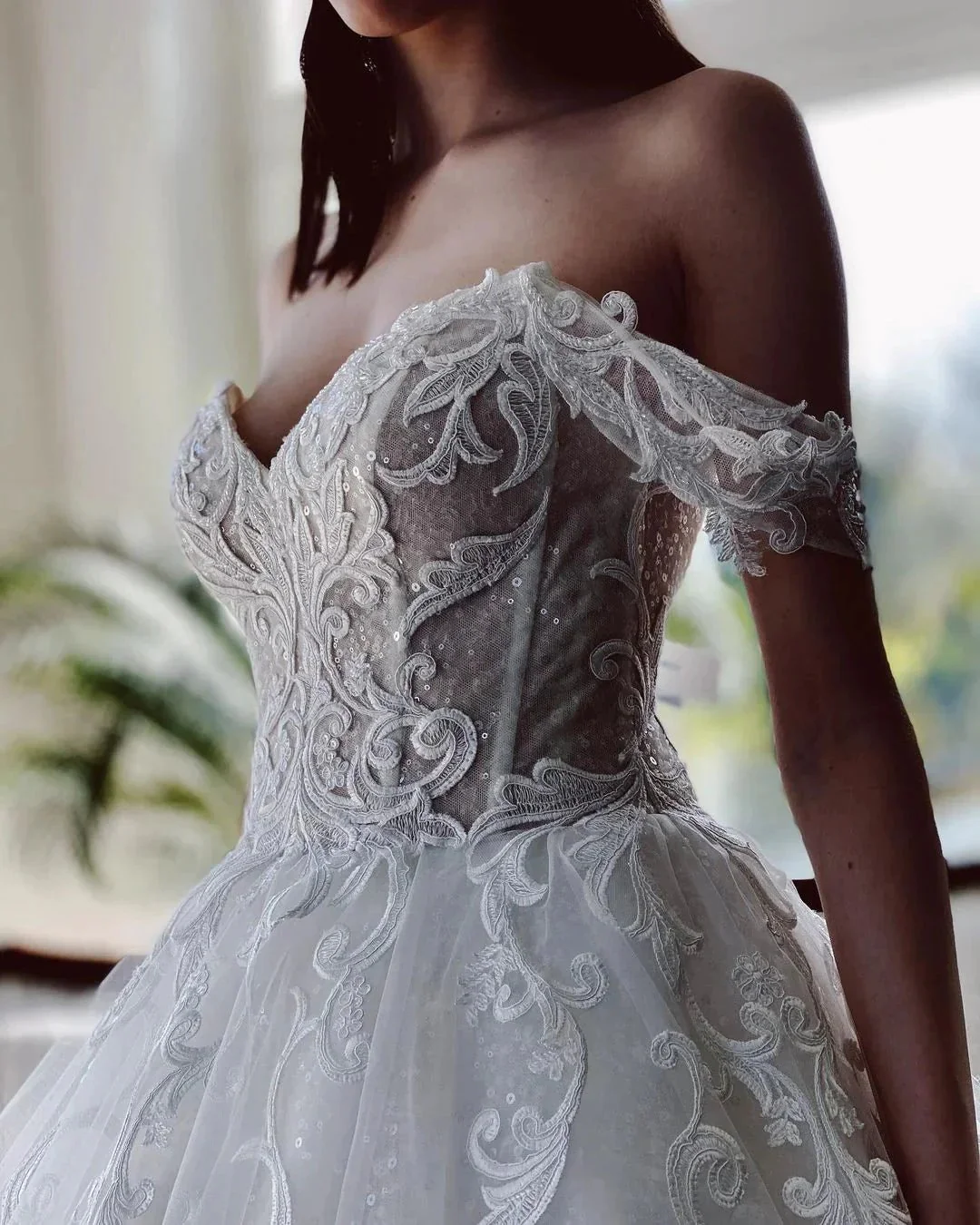Charming Long A-line Off-the-shoulder Tulle Wedding Dress with Glitter - Image 5
