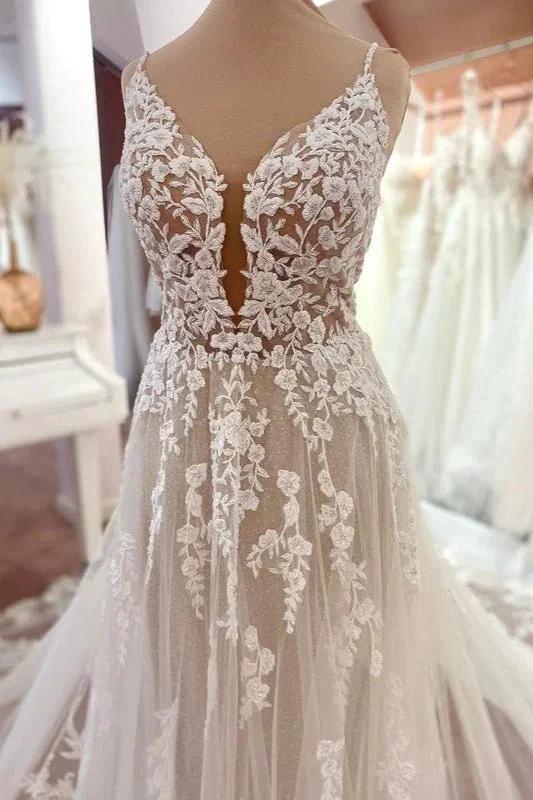 Charming Long A-Line Spaghetti Straps Appliques Lace Tulle Backless Wedding Dress - Image 2