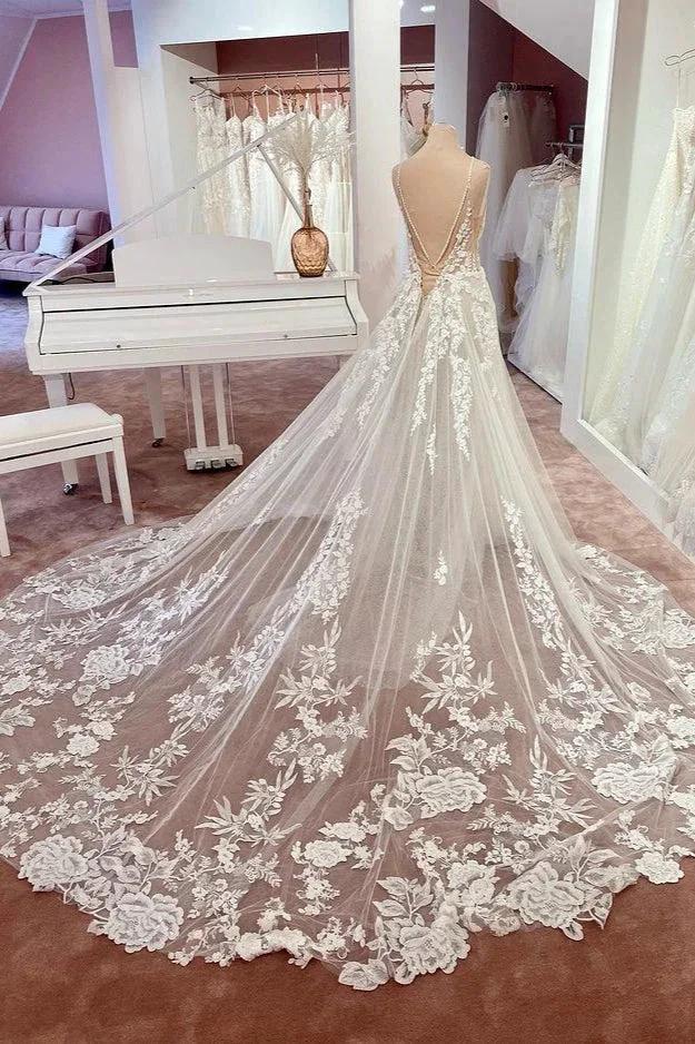 Charming Long A-Line Spaghetti Straps Appliques Lace Tulle Backless Wedding Dress - Image 3
