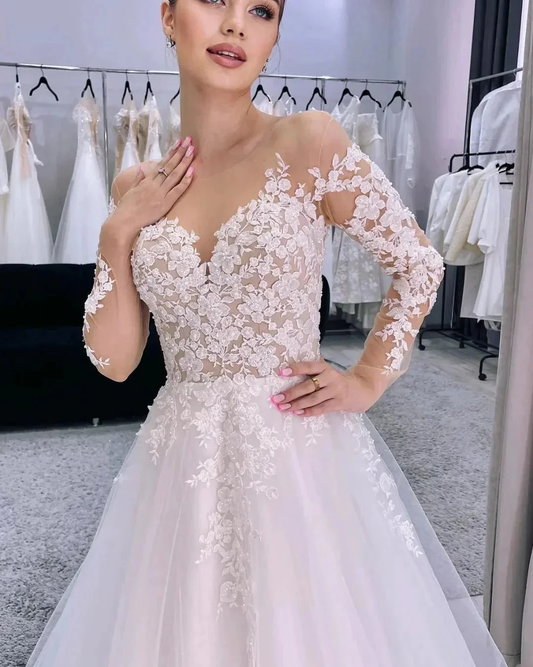 Charming Long A-line Tulle Appliques Wedding Dress With Long Sleeves - Image 2